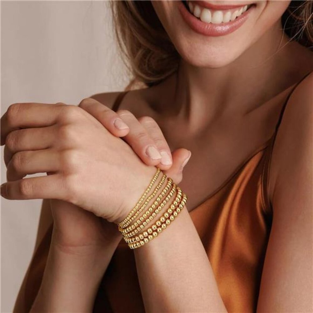 Gold Bracelets for Women Waterproof, 14K Gold Plated Beaded Strand Bead Ball - Picture 2 of 7